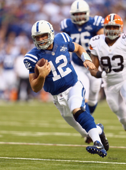 INDIANAPOLIS, IN - AUGUST 24: Andrew Luck #12 of  Indianapolis Colts runs with the ball during the preseason game against the Cleveland Browns at Lucas Oil Stadium on August 24, 2013 in Indianapolis, Indiana.  (Photo by Andy Lyons/Getty Images)