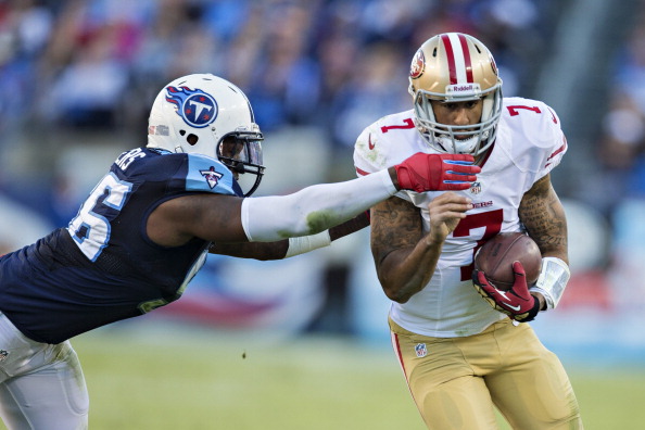 NASHVILLE, TN - OCTOBER 20:  Colin Kaepernick #7 of the San Francisco 49ers is tackled by Akeem Ayers #56 of the Tennessee Titans at LP Field on October 20, 2013 in Nashville, Tennessee.  The 49ers defeated the Titans 31-17.  (Photo by Wesley Hitt/Getty Images)