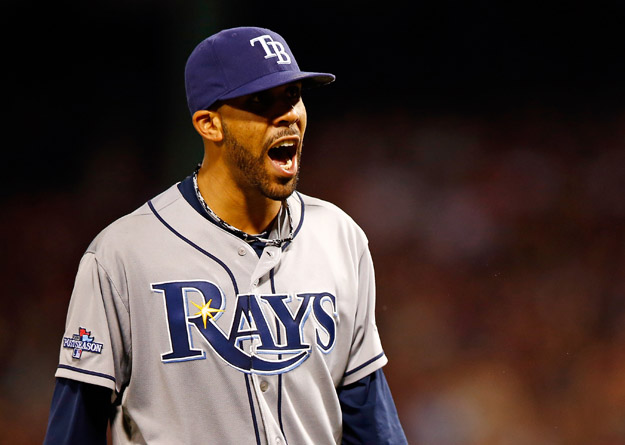 BOSTON, MA - OCTOBER 05: David Price #14 of the Tampa Bay Rays reacts against the Boston Red Sox during Game Two of the American League Division Series at Fenway Park on October 5, 2013 in Boston, Massachusetts. 