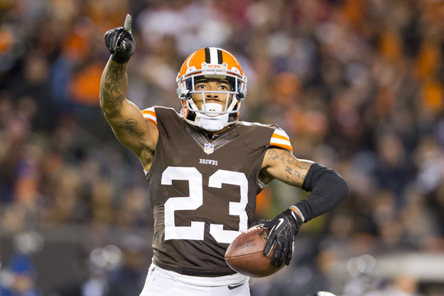CLEVELAND, OH - NOVEMBER 3: Cornerback Joe Haden #23 of the Cleveland Browns celebrates after catching and interception during the first half against the Baltimore Ravens at FirstEnergy Stadium on November 3, 2013 in Cleveland, Ohio. 