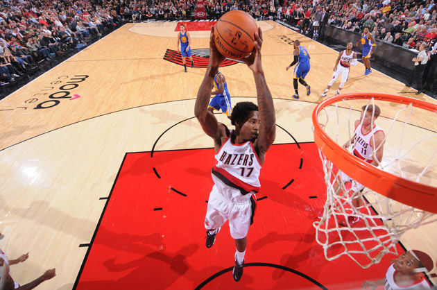 Ed Davis #17 of the Portland Trail Blazers grabs the rebound against the Golden State Warriors.