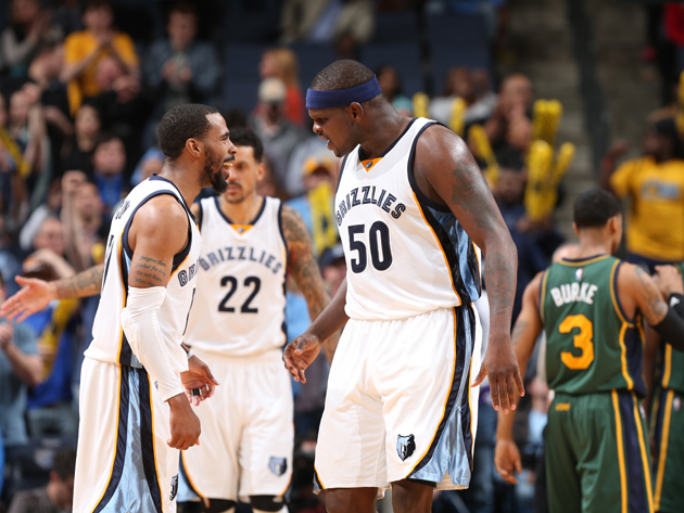 Mike Conley #11 and Zach Randolph #50 of the Memphis Grizzlies react during the game against the Utah Jazz on March 4, 2016 at FedExForum in Memphis, Tennessee. 