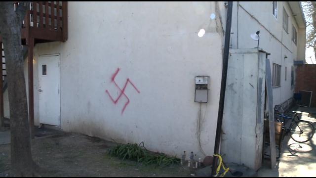 One of the swastikas found painted on the frat house. (Credit: CBS13)