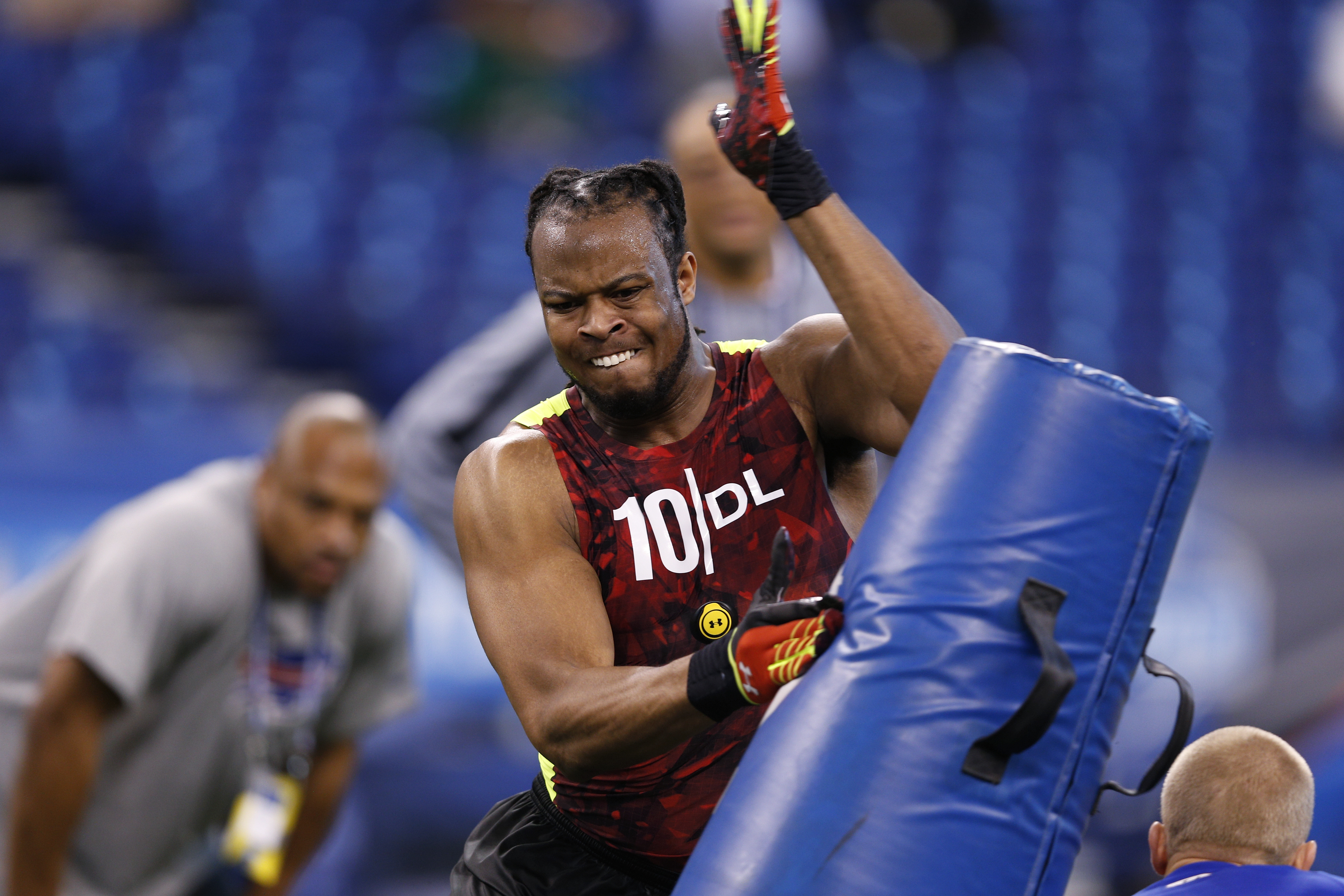INDIANAPOLIS, IN - FEBRUARY 25: Lavar Edwards of LSU works out during the 2013 NFL Combine at Lucas Oil Stadium on February 25, 2013 in Indianapolis, Indiana.