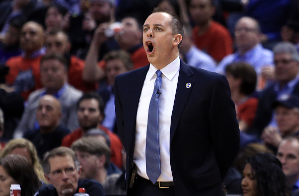 TORONTO, ON - APRIL 26: Head Coach Frank Vogel of the Indiana Pacers shouts to an official in the first half of Game Five of the Eastern Conference Quarterfinals against the Toronto Raptors during the 2016 NBA Playoffs at the Air Canada Centre on April 26, 2016 in Toronto, Ontario, Canada. NOTE TO USER: User expressly acknowledges and agrees that, by downloading and or using this photograph, User is consenting to the terms and conditions of the Getty Images License Agreement. (Photo by Vaughn Ridley/Getty Images)