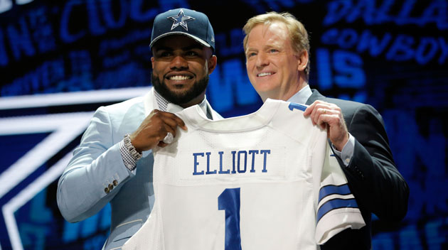 Ezekiel Elliott of Ohio State holds up a jersey with NFL Commissioner Roger Goodell after being picked #4 overall by the Dallas Cowboys during the first round of the 2016 NFL Draft at the Auditorium Theatre of Roosevelt University on April 28, 2016 in Chicago, Illinois.