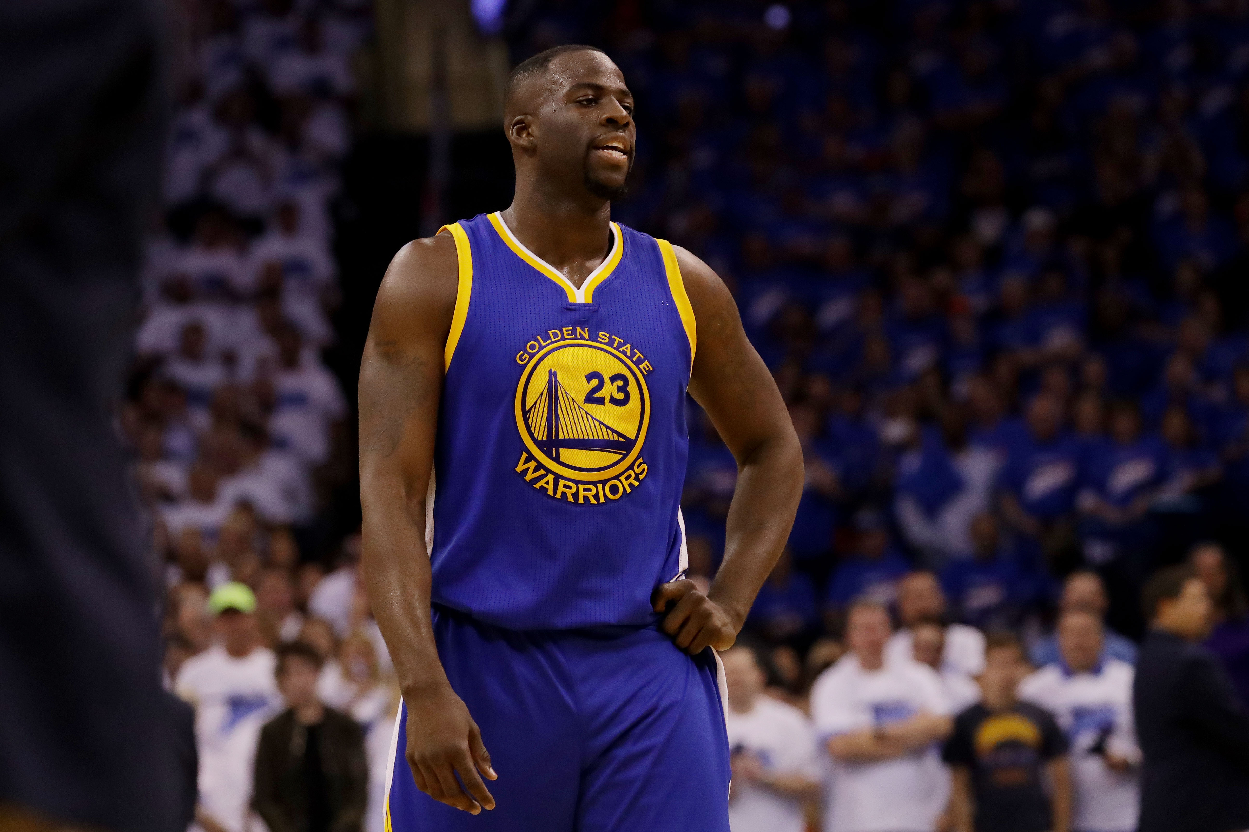 OKLAHOMA CITY, OK - MAY 22: Draymond Green #23 of the Golden State Warriors reacts in the first half against the Oklahoma City Thunder in game three of the Western Conference Finals during the 2016 NBA Playoffs at Chesapeake Energy Arena on May 22, 2016 in Oklahoma City, Oklahoma. (Photo by Ronald Martinez/Getty Images)