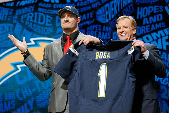 CHICAGO, IL - APRIL 28:  (L-R) Joey Bosa of Ohio State holds up a jersey with NFL Commissioner Roger Goodell after being picked #3 overall by the San Diego Chargers during the first round of the 2016 NFL Draft at the Auditorium Theatre of Roosevelt University on April 28, 2016 in Chicago, Illinois.  (Photo by Jon Durr/Getty Images)