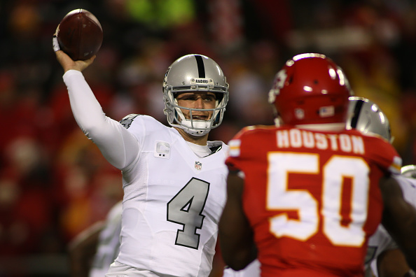 KANSAS CITY, MO - DECEMBER 08: Oakland Raiders quarterback Derek Carr (4) passes the ball before Kansas City Chiefs outside linebacker Justin Houston (50) can get the pressure in the first quarter of a Thursday night AFC West showdown between the Oakland Raiders and Kansas City Chiefs on December 08, 2016 at Arrowhead Stadium in Kansas City, MO.  (Photo by Scott Winters/Icon Sportswire via Getty Images)