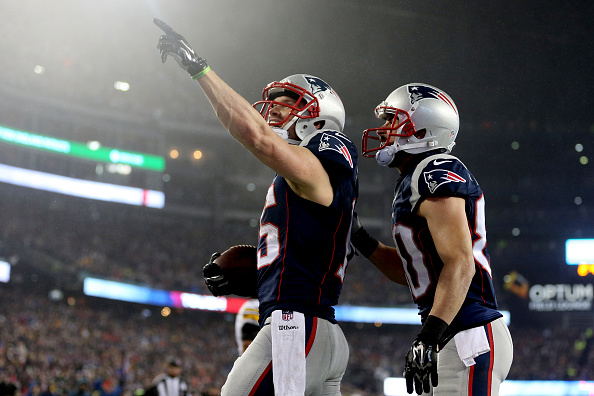FOXBORO, MA - JANUARY 22:  Chris Hogan #15 of the New England Patriots celebrates with Danny Amendola #80 after scoring a touchdown during the first quarter against the Pittsburgh Steelers in the AFC Championship Game at Gillette Stadium on January 22, 2017 in Foxboro, Massachusetts.  (Photo by Maddie Meyer/Getty Images)