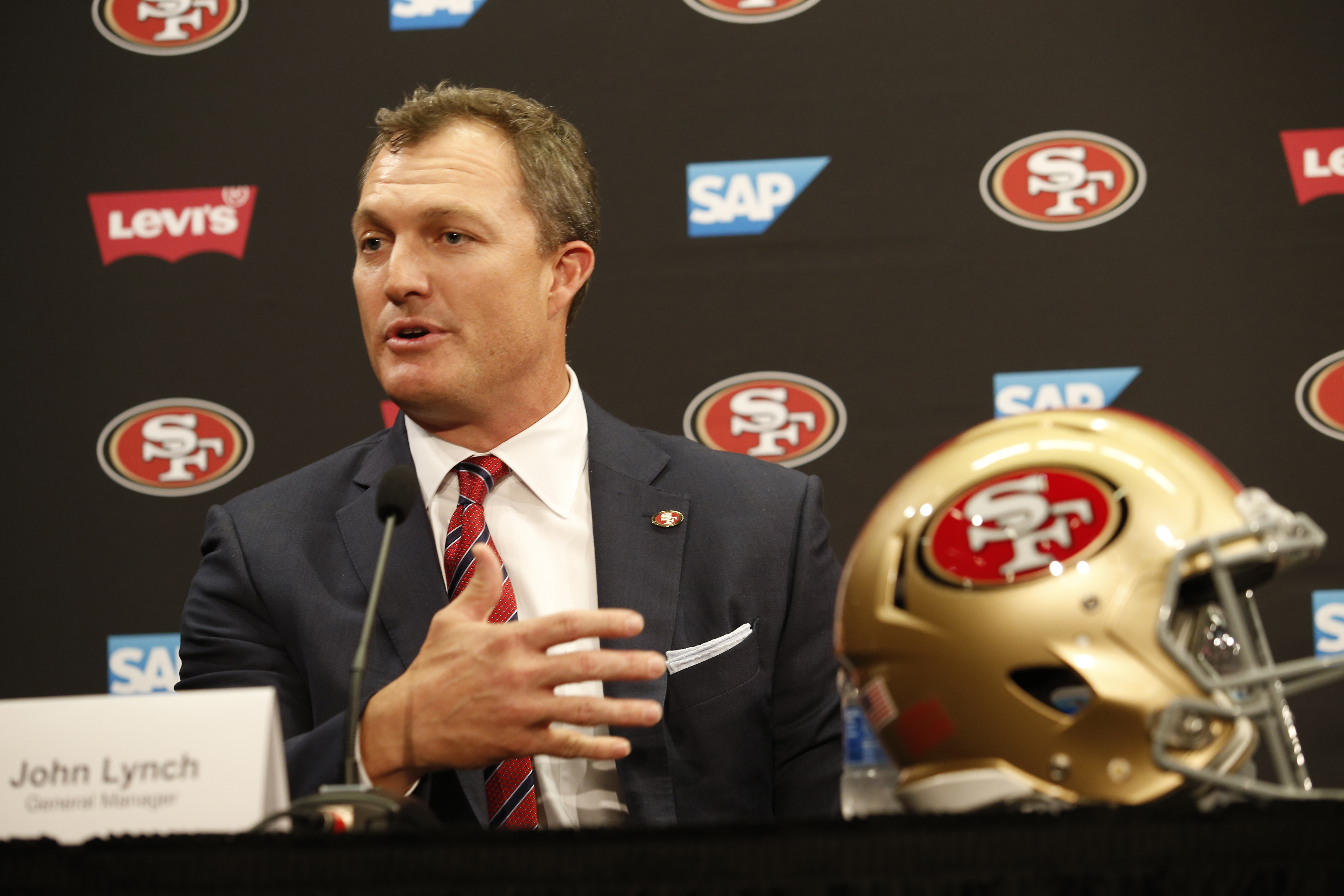 SANTA CLARA, CA - FEBRUARY 9: General Manager John Lynch of the San Francisco 49ers addresses the media during a press conference at Levi Stadium on February 9, 2017 in Santa Clara, California. The 49ers press conference was setup to introducing the new general manager, John Lynch, and the teams new head coach, Kyle Shanahan.