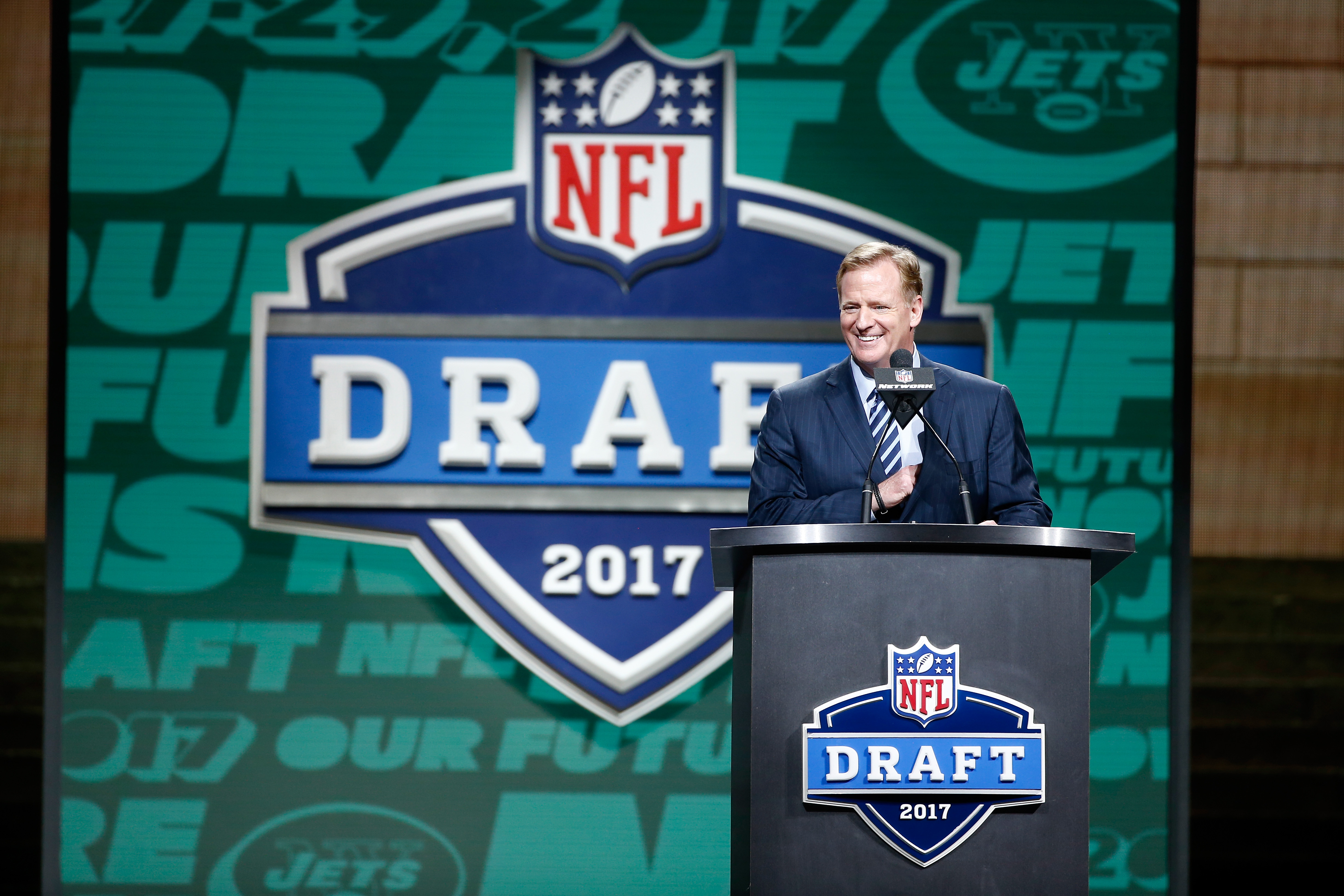 PHILADELPHIA, PA - APRIL 27: Commissioner of the National Football League Roger Goodell speaks during the first round of the 2017 NFL Draft at the Philadelphia Museum of Art on April 27, 2017 in Philadelphia, Pennsylvania.