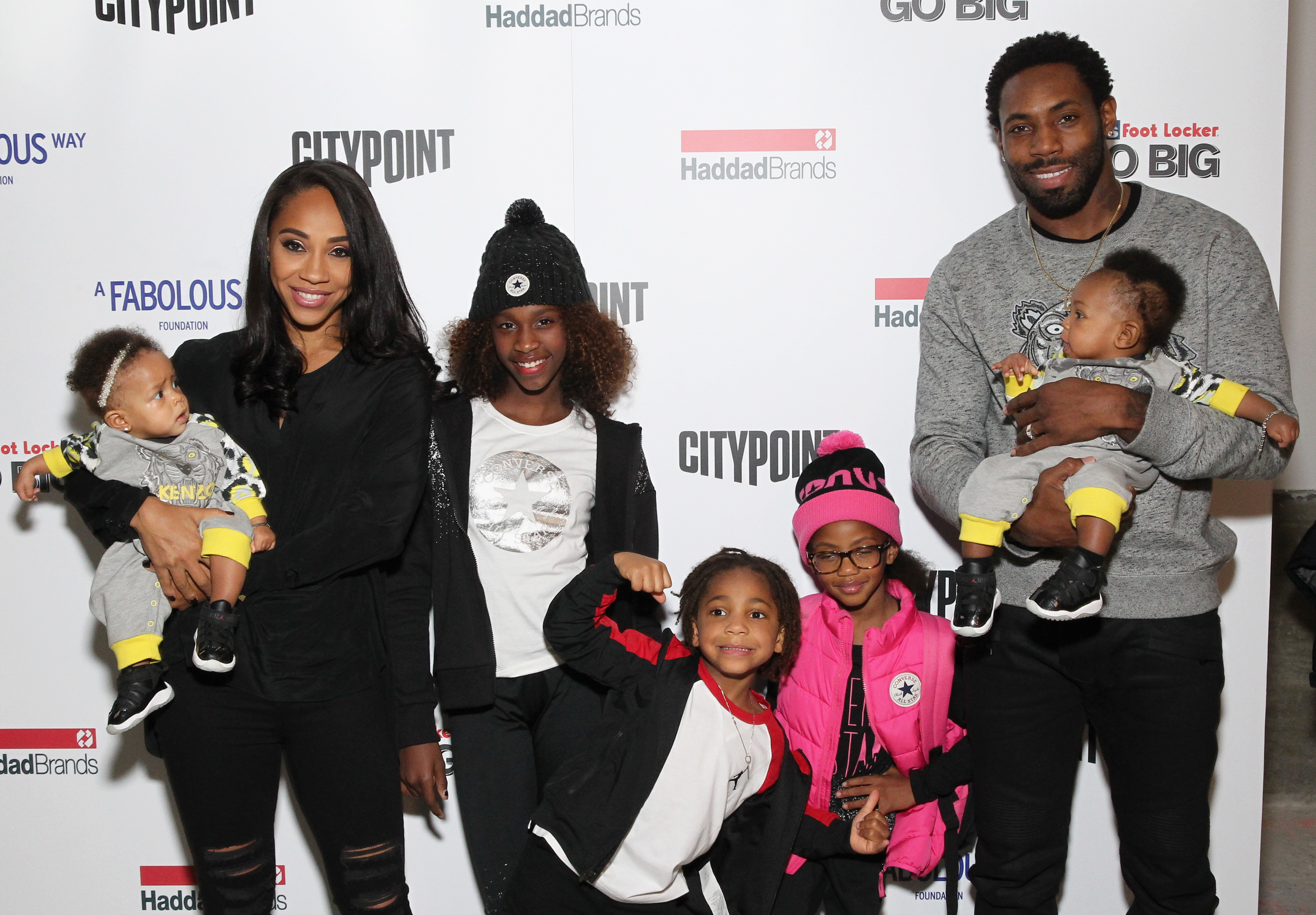 BROOKLYN, NY - NOVEMBER 09:  Football player Antonio Cromartie (L) and Terricka Cromartie pose with their children during BKLYN Rocks presented by City Point, Kids Foot Locker, and Haddad Brands at City Point on November 9, 2016 in Brooklyn City.  