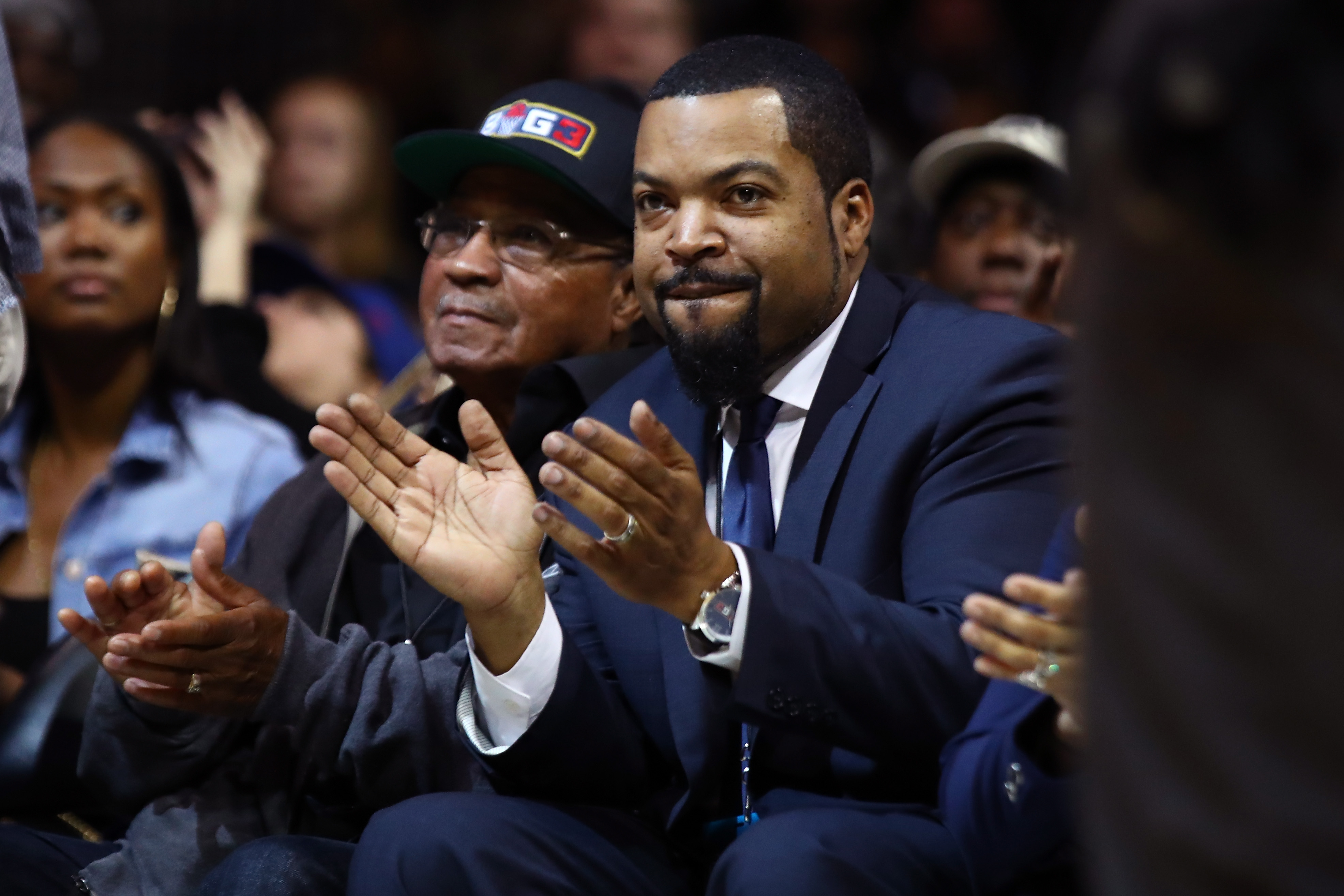 NEW YORK, NY - JUNE 25: League founder Ice Cube acknowledges the crowd during week one of the BIG3 three on three basketball league at Barclays Center on June 25, 2017 in New York City.