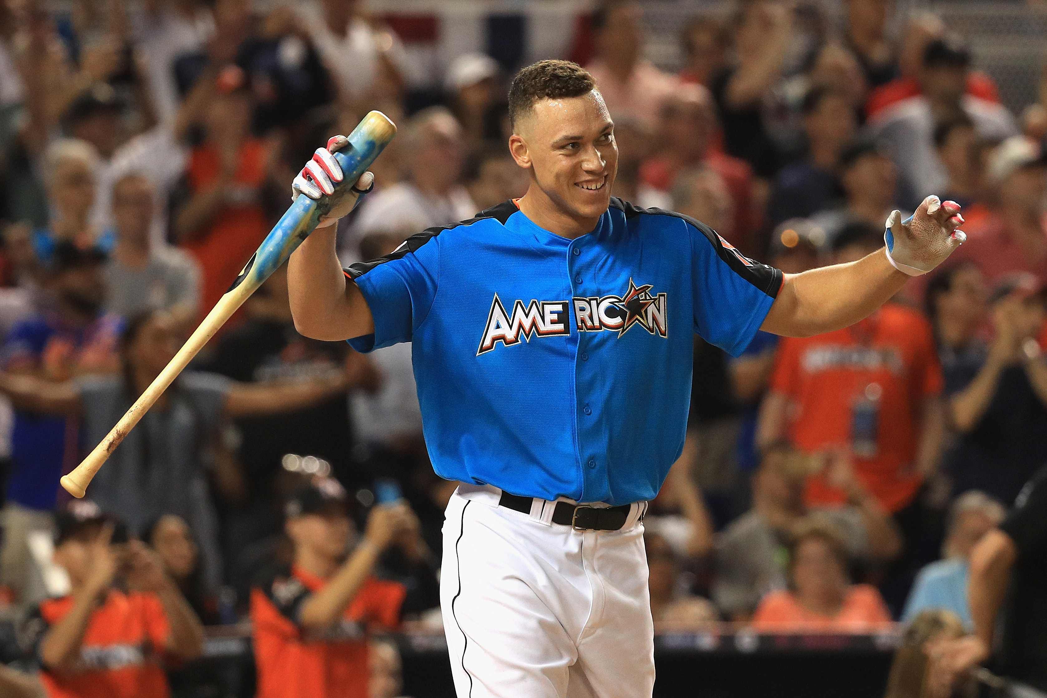 MIAMI, FL - JULY 10: Aaron Judge #99 of the New York Yankees celebrates after winning the T-Mobile Home Run Derby at Marlins Park on July 10, 2017 in Miami, Florida. (Photo by Mike Ehrmann/Getty Images)