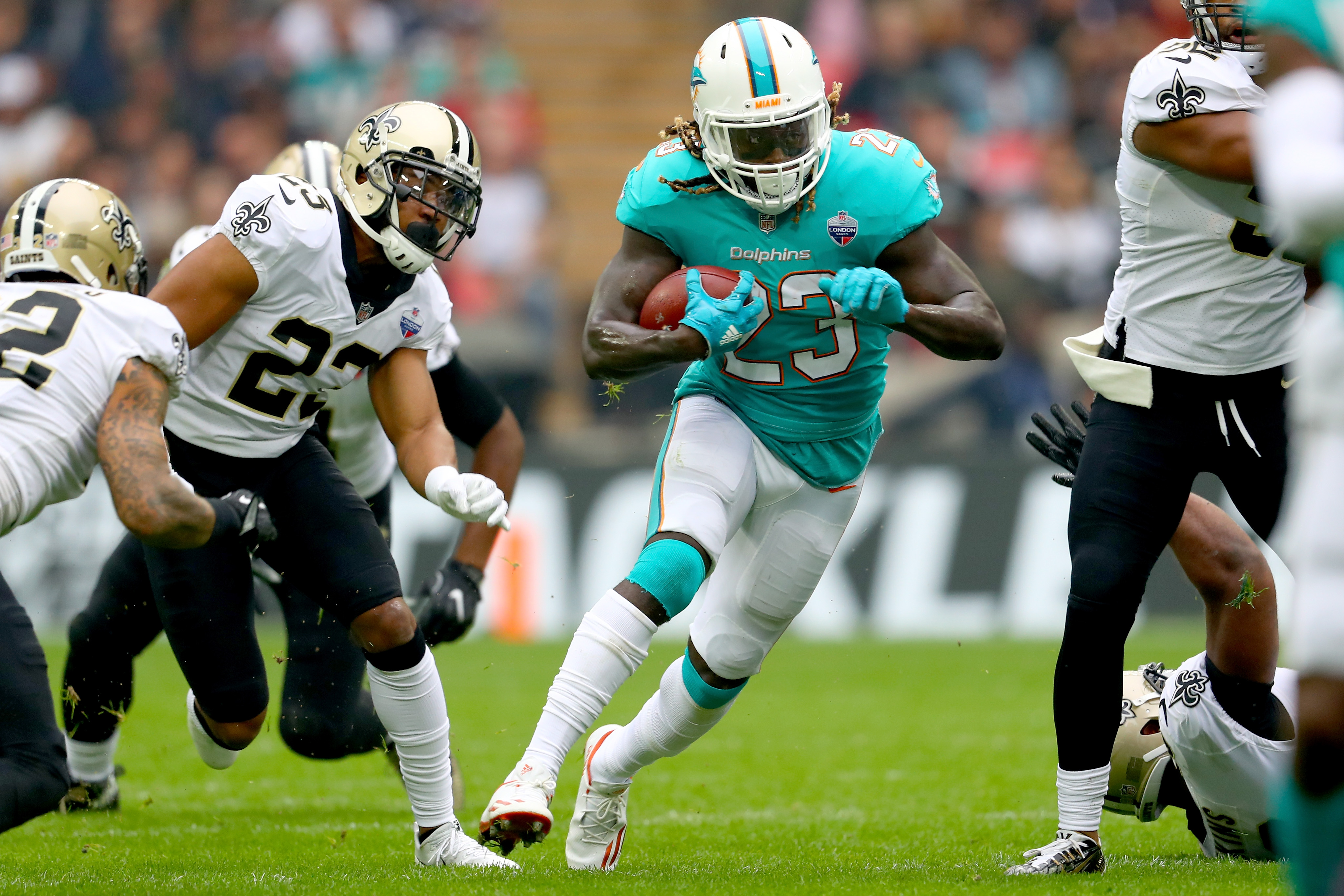 LONDON, ENGLAND - OCTOBER 01: Jay Ajayi of the Miami Dolphins in action during the NFL match between New Orleans Saints and Miami Dolphins at Wembley Stadium on October 1, 2017 in London, England.