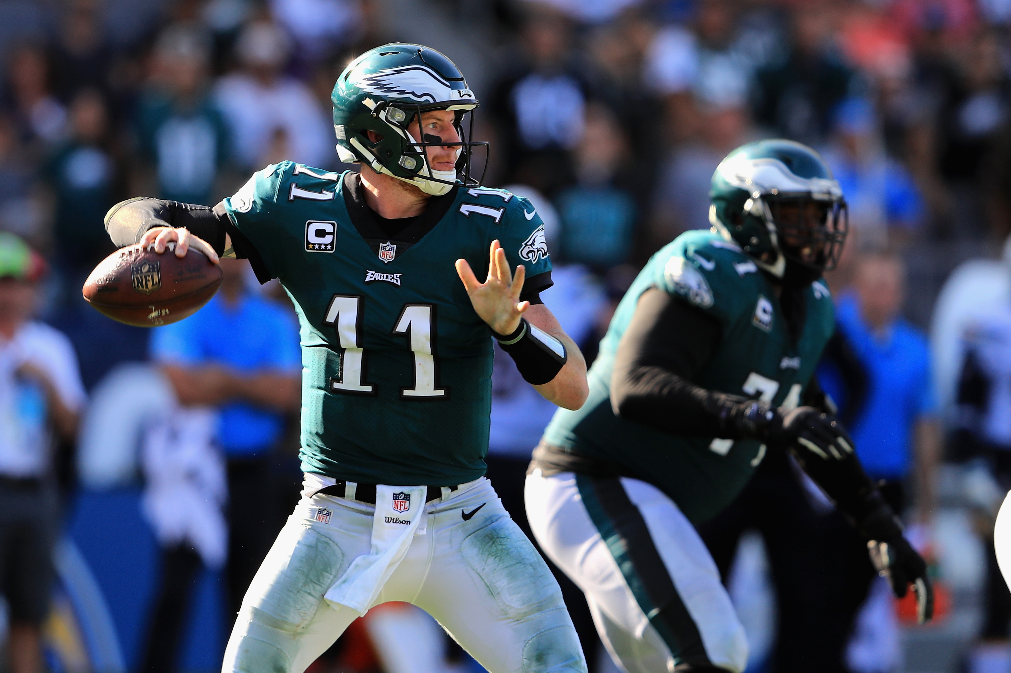 CARSON, CA - OCTOBER 01:  Carson Wentz #11 of the Philadelphia Eagles passes the ball during the second half of a game  against the Los Angeles Chargers at StubHub Center on October 1, 2017 in Carson, California.  