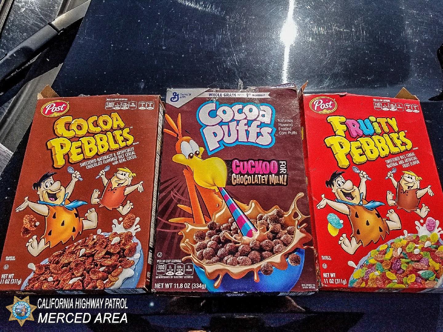 The cereal boxes officers found. Nothing too suspicious, right? (Credit: CHP Merced)